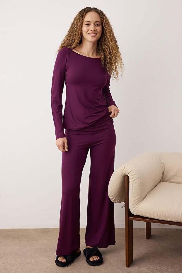 Mürdüm Yaka Detaylı Bel Katlamalı Örme Pijama Takımı THMAW26PT00151 - 1