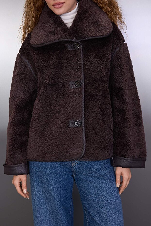 Kahverengi Oversize Kalıp Peluş Mont TWOAW26MO00062 - 4