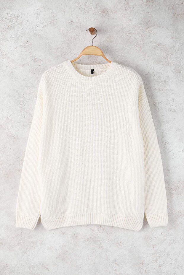 Ekru*001 Oversize Bisiklet Yaka Kazak TMNAW24KZ00032 - 1