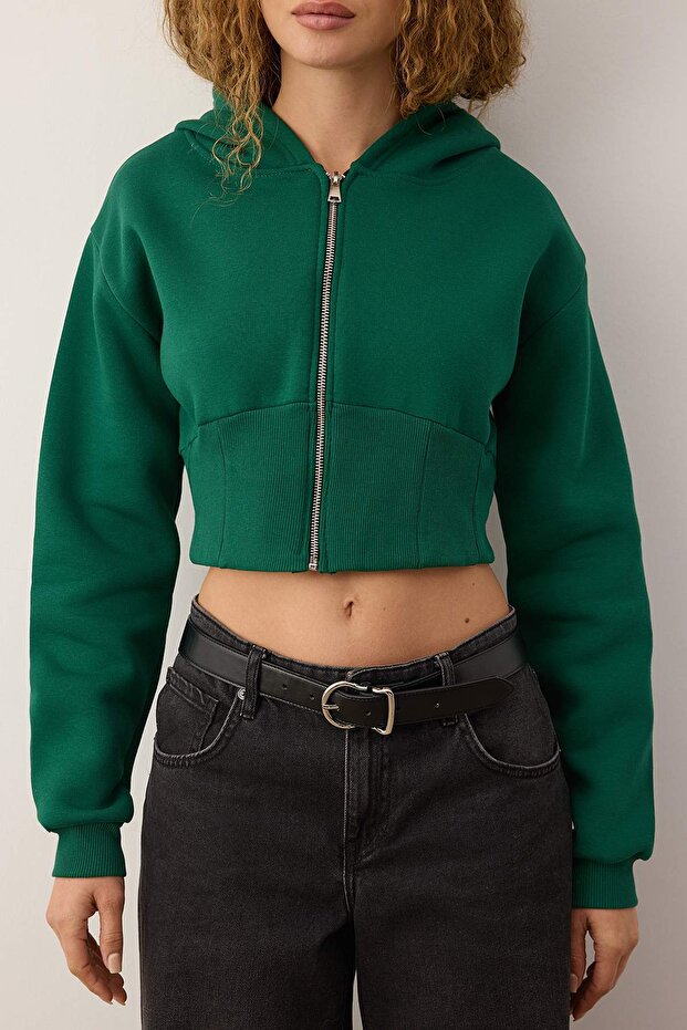 Zümrüt Yeşili Fermuarlı Kapüşonlu Belden Oturmalı Esnek Örme Sweatshirt TWOAW26SW00089 - 3