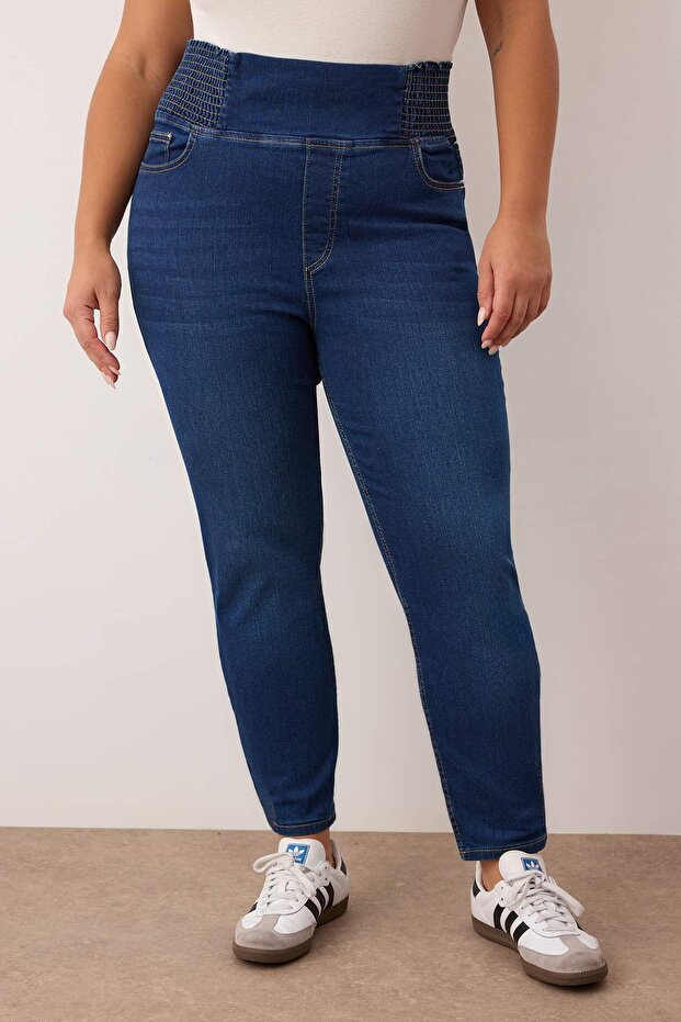 Mavi Yüksek Bel Beli Gipe Detaylı Büyük Beden Skinny Jeans TBBAW26CJ00036 - 3
