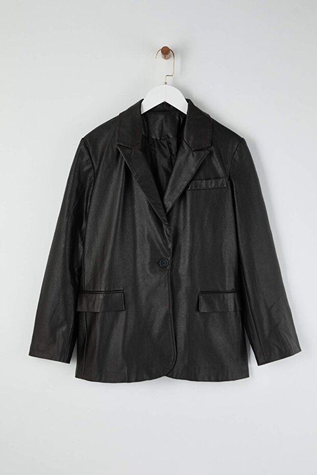 Siyah Yıkamalı Suni Deri Blazer Ceket TWOAW26BC00033 - 3