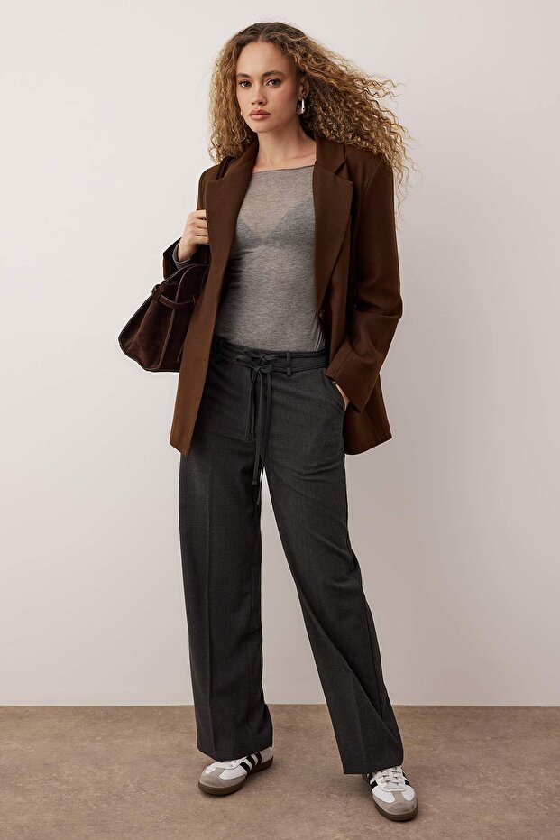 Antrasit Bağcık Detaylı Düşük Bel Wide Leg/Geniş Paça Pantolon TWOAW26PL00008 - 2