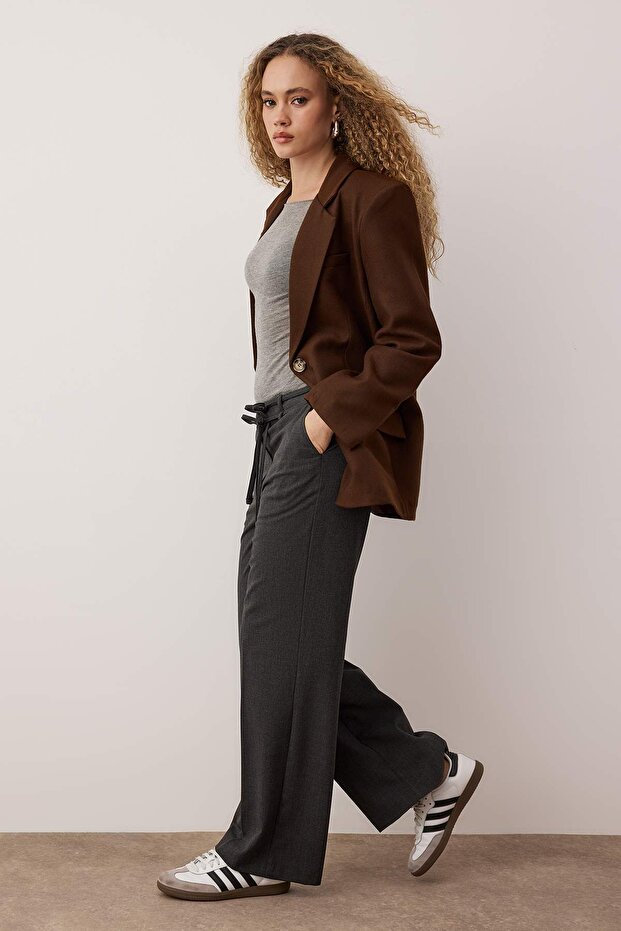 Antrasit Bağcık Detaylı Düşük Bel Wide Leg/Geniş Paça Pantolon TWOAW26PL00008 - 3