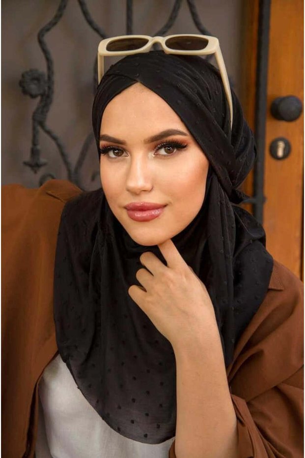 Black Pompom Cross Banded Medium Size Hijab - Ready Shawl