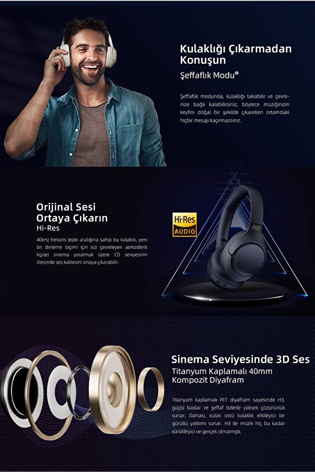 H3 Hybrid ANC Hi-Res Bluetooth 5.3 Kafaüstü Kablosuz Kulaklık Çift Cihaz Desteği Mavi - 4