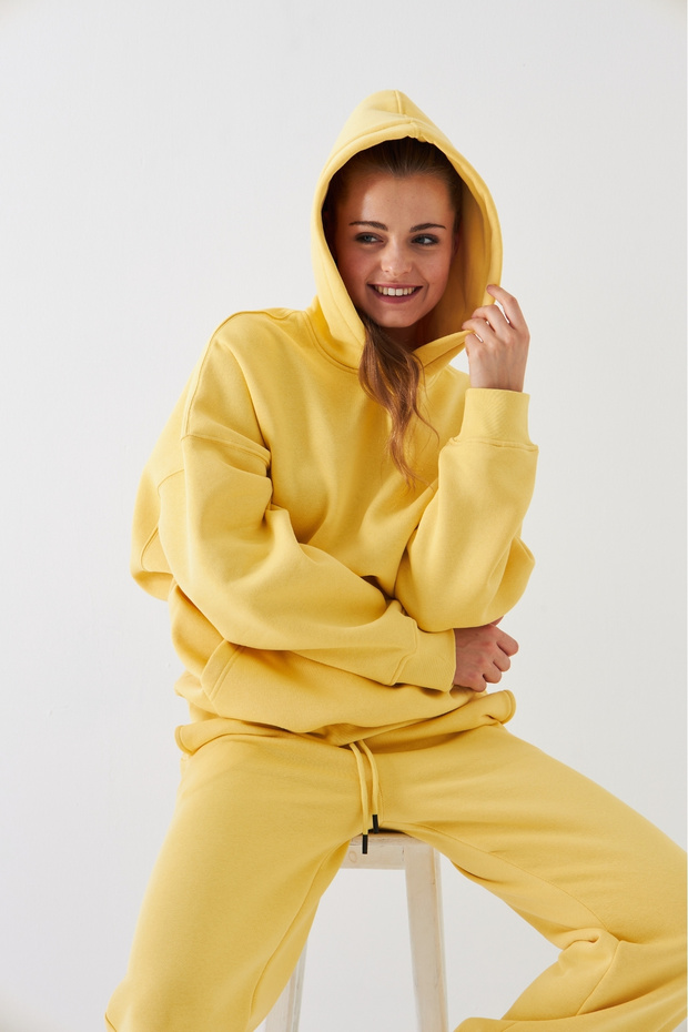 Oversize Unisex Sweatshirt Hoodie Yellow – Hooded, 3 Thread Raised Fleece, Kangaroo Pocket, Basic