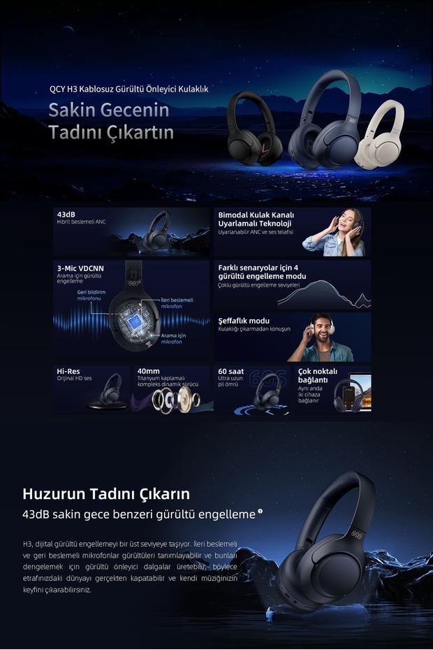 H3 Hybrid ANC Hi-Res Bluetooth 5.3 Kafaüstü Kablosuz Kulaklık Çift Cihaz Desteği Mavi - 2