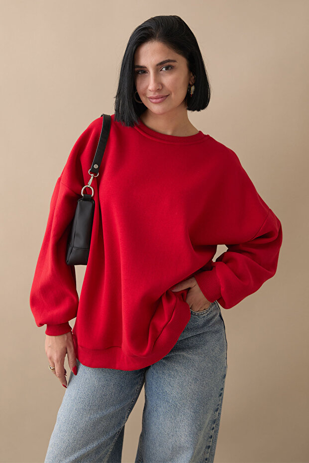 Şardonlu Basic Kırmızı Sweat - 1