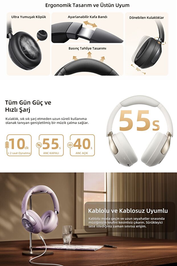 H3 Pro Hybrid Anc Hi-res Ldac Bluetooth 5.4 Kafaüstü Kablosuz Kulaklık Çift Cihaz Desteği Beyaz - 4