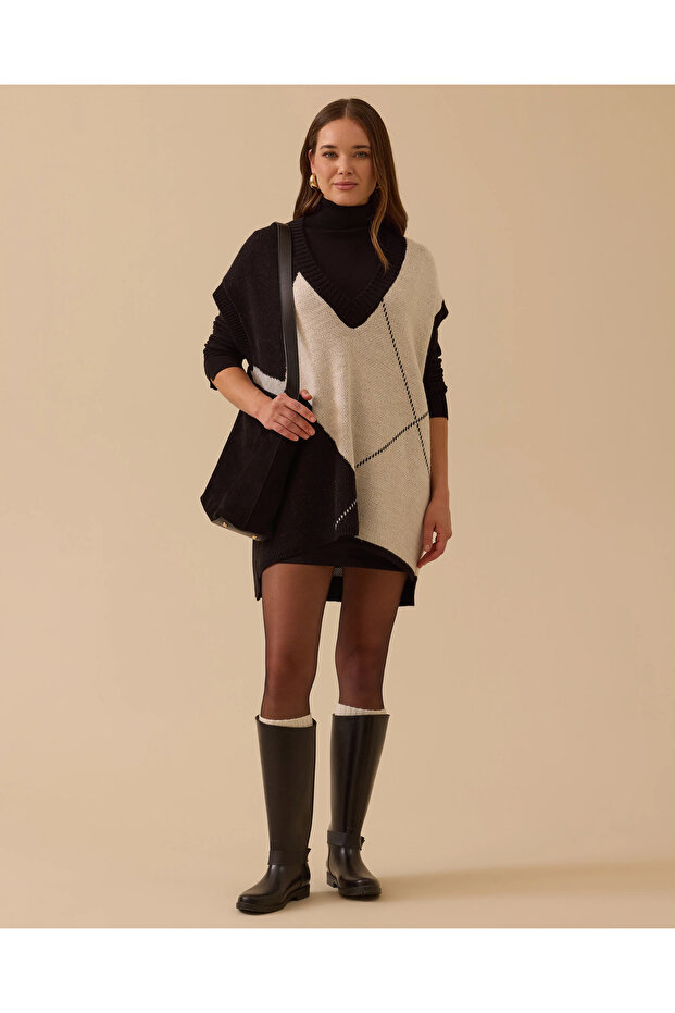 V Yaka Blok Geçişli Süveter - 1