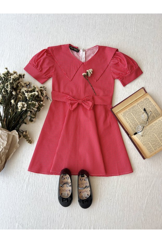 Red Polka Dot Collar Girl's Poplin Dress