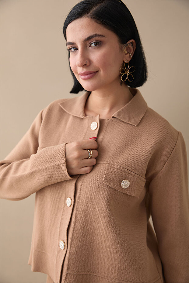 Ceketli Elbiseli Camel Triko Takım - 3