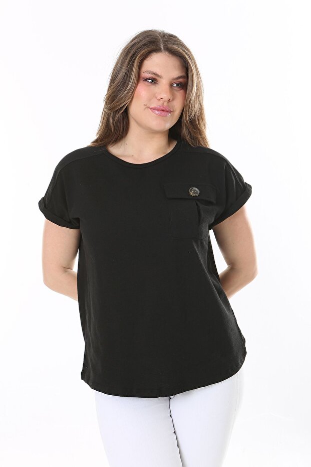 Women's Plus Size Black Relaxed Fit Chest Pocket Short Sleeve Blouse 65N37856