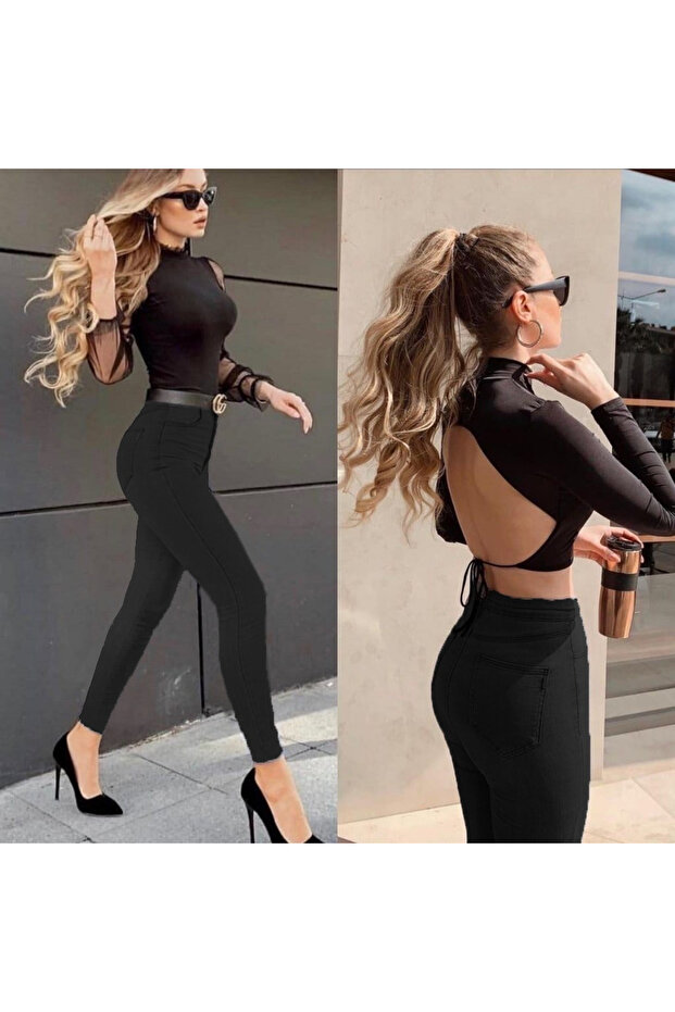 بنطلون ليكرا جينز عالي الخصر (أسود)