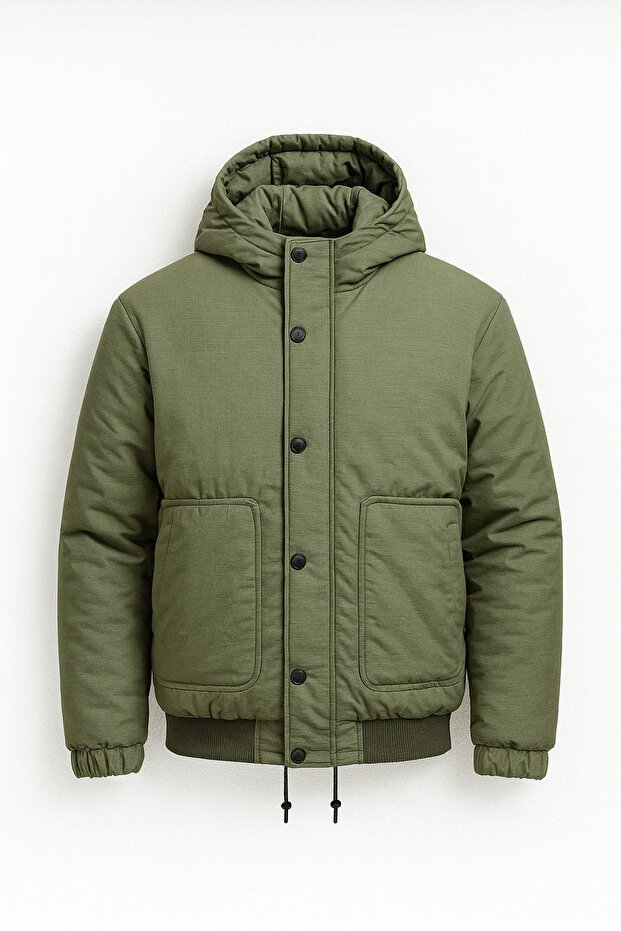 Oversize Pocket Detailed Hooded Lightweight Puffer Jacket - Green