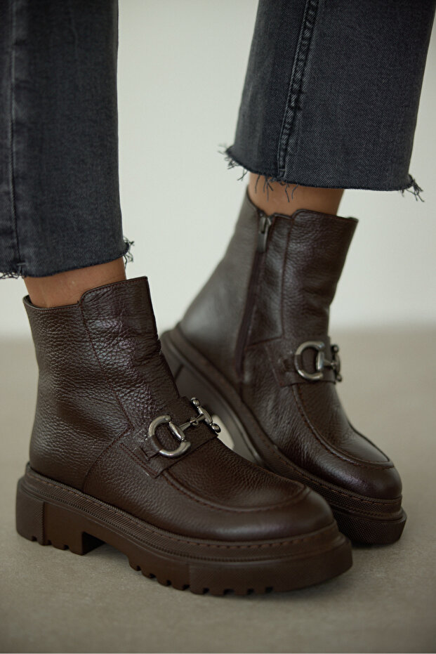 Melodi Genuine Leather Front Buckle Detailed Zippered Boots - Bitter Brown