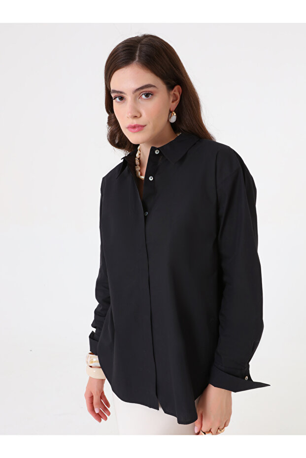 Geniş Manşetli Basic Poplin Gömlek - Siyah - Benin - 7