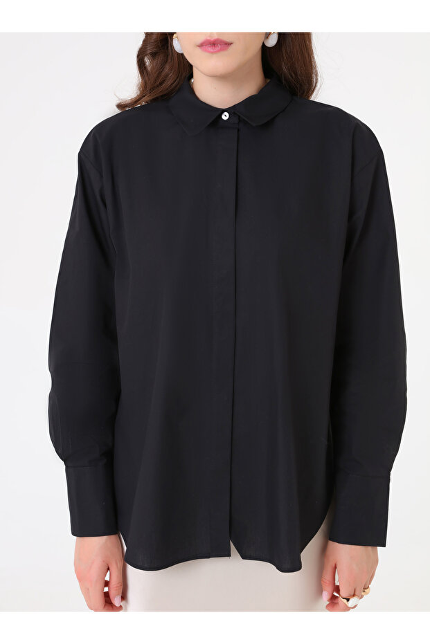 Geniş Manşetli Basic Poplin Gömlek - Siyah - Benin - 3