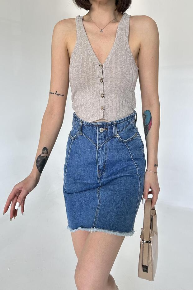 Women's Jeansvibe Buttoned Cotton Blue Denim Mini Skirt with Pockets