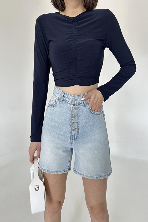 Women's High Waist Buttoned Ice Blue Mini Denim Shorts