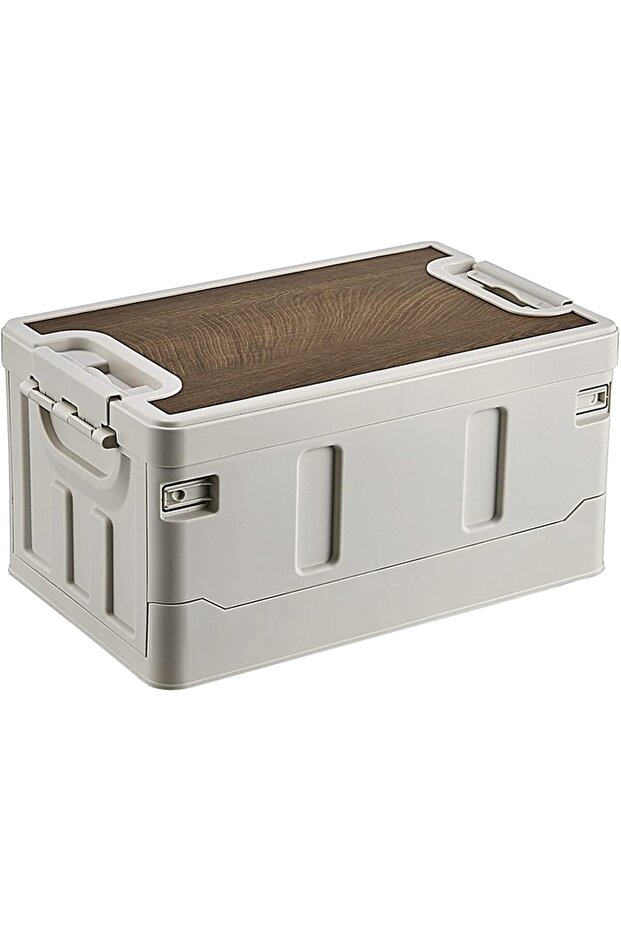 AUTO FAMILY Premium Camping Plastic Storage Box with Wooden Lids 35L-White