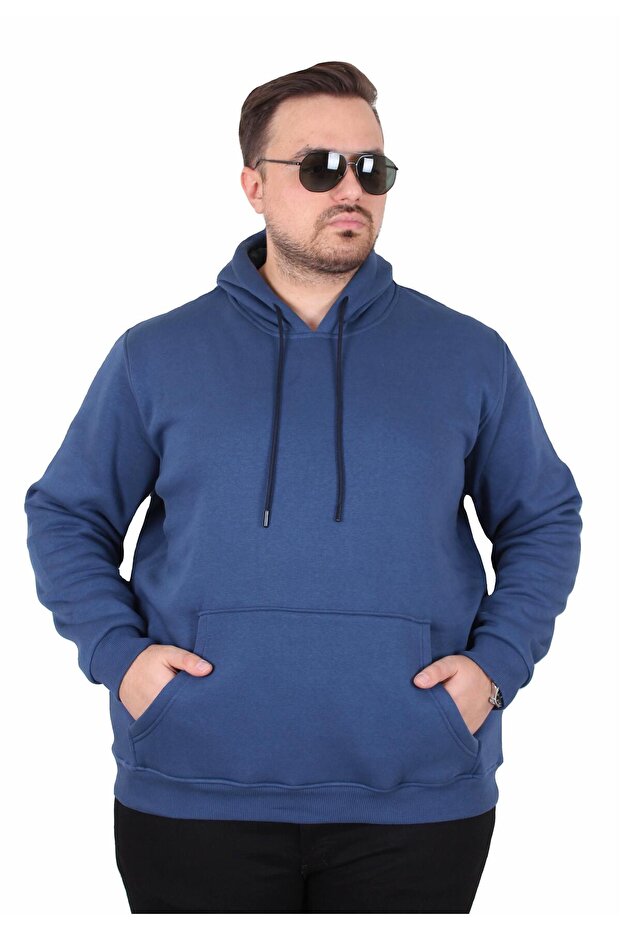 سويت شيرت رجالي أساسي مقاس كبير بغطاء للرأس 11700 INDIGO