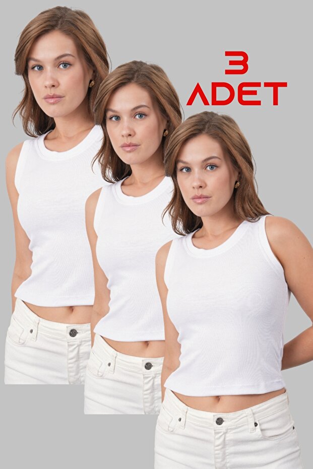 Women's Ribbed Look Cotton Fabric 3 Pieces White Women's Undershirt Pack 001