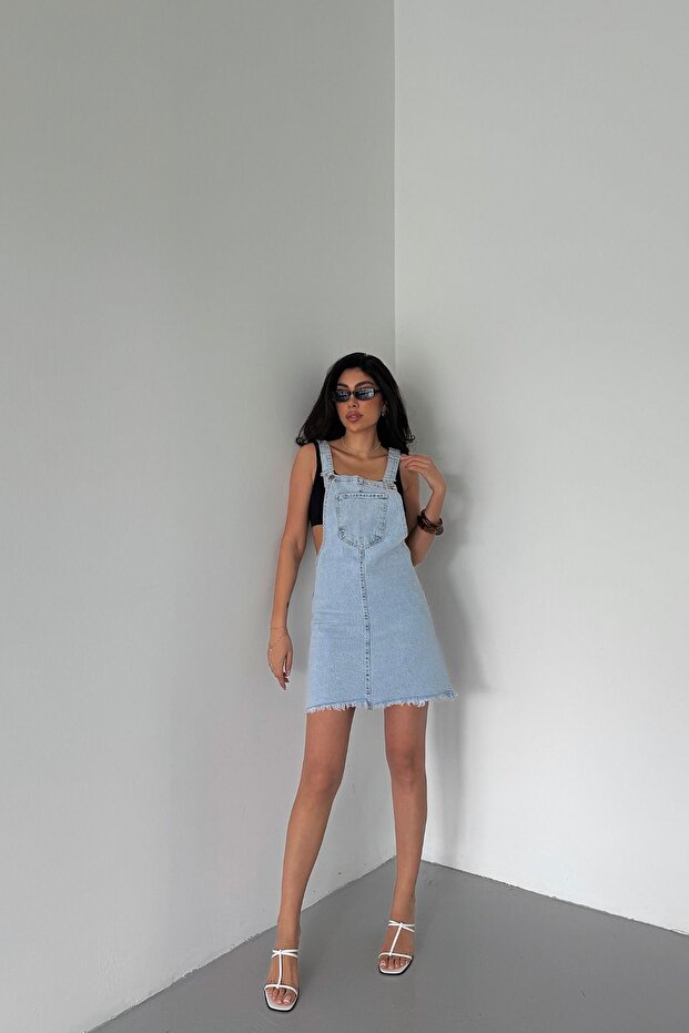 Women's Jeans Skirt with Pockets and Straps Ice Blue Denim Salopet