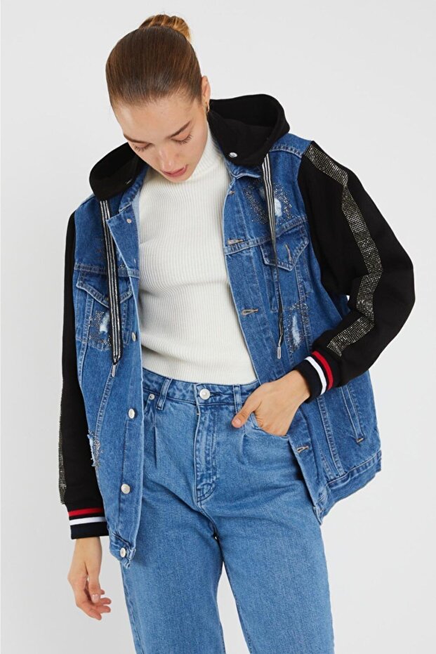 Women's Garnished Stoned Hooded Black Loose Denim Jacket