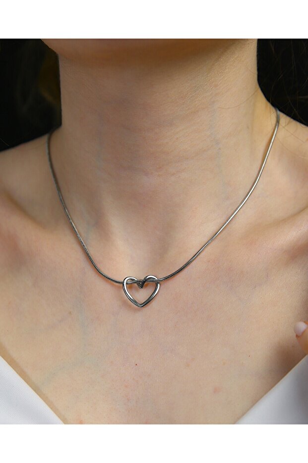 Steel Silver Color Knot Heart Snake Chain Necklace