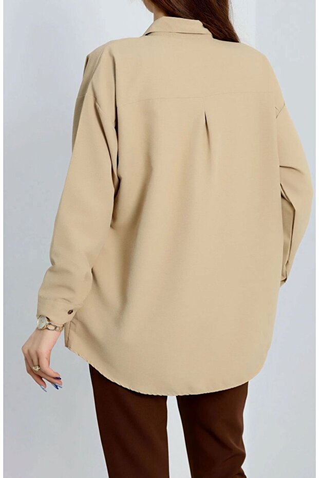 Oversize Koyu Bej Gömlek - 4