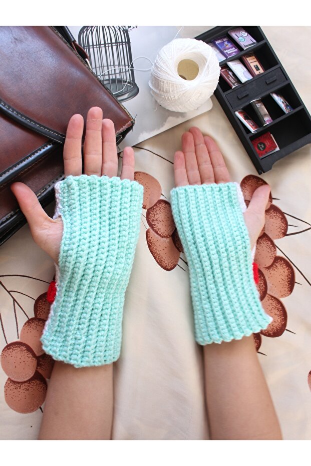 Handmade Fingerless Winter Gloves - Blue - 4