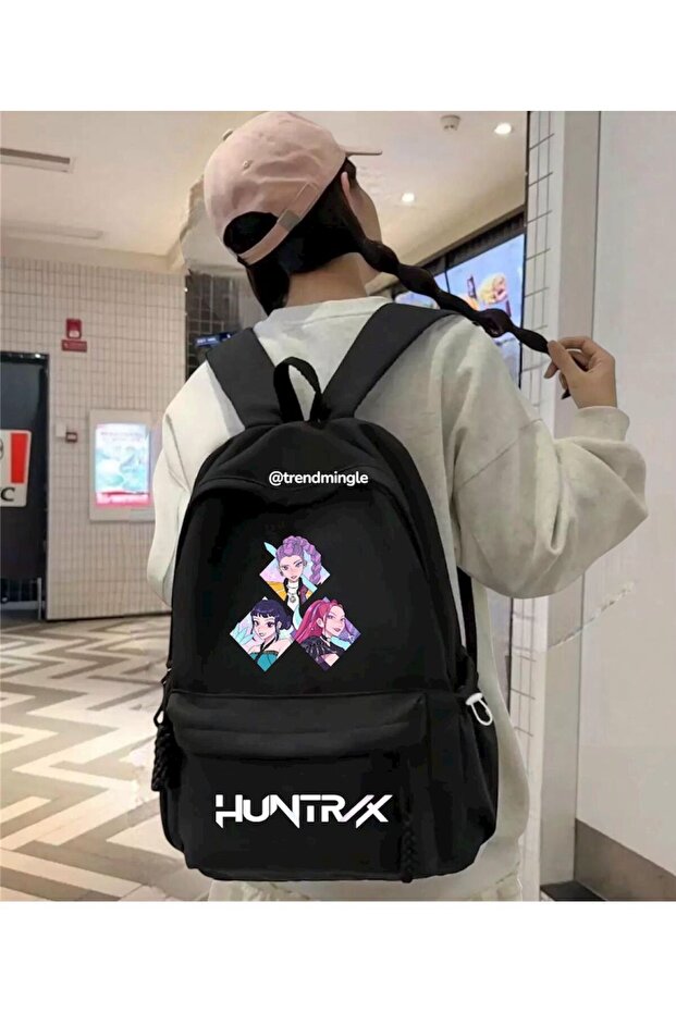 حقيبة ظهر مدرسية مطبوعة مزدوجة للفتيات من Kpop Huntrix باللون الأسود مع جيب أمامي