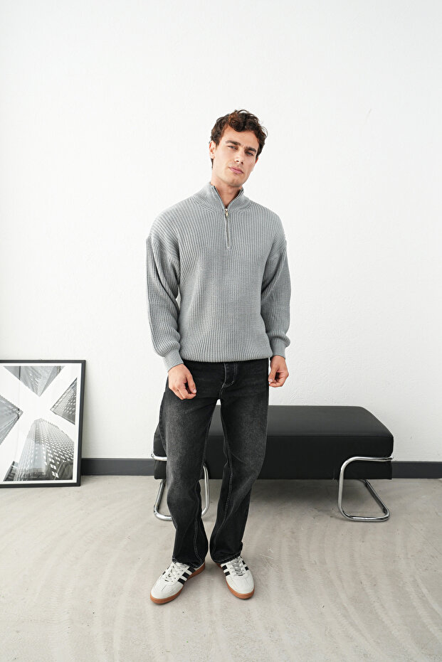 Fermuarlı Gri Dik Yaka Basic Oversize Kazak - 6