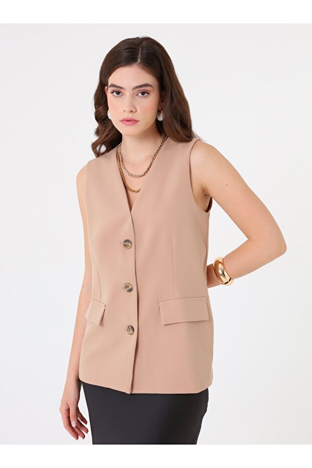 Vest with Hidden Pocket Detail - Stone Color-Refka