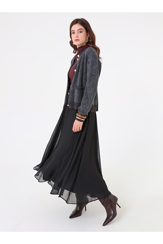 High Waist Side Zipper Chiffon Skirt - Black -