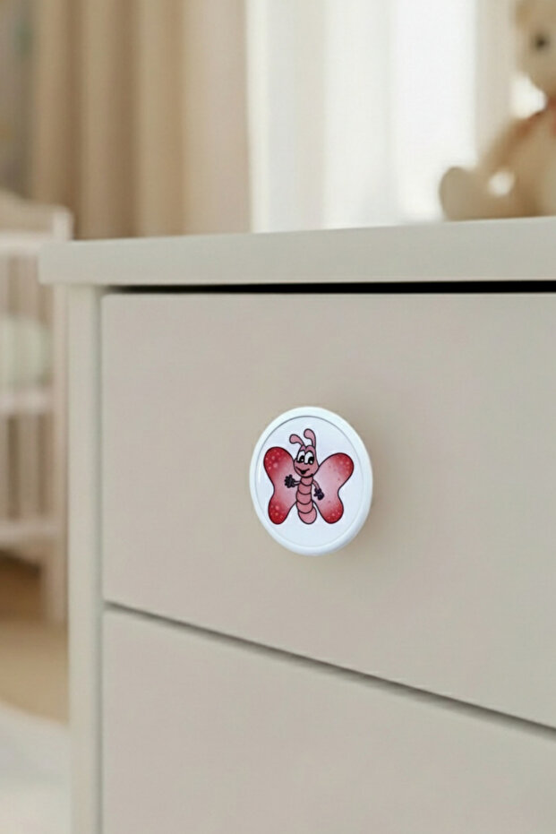 Pink Butterfly Children's Room Furniture Handle - 55 mm - Abs Plastic Single Button Cabinet and Drawer Handle