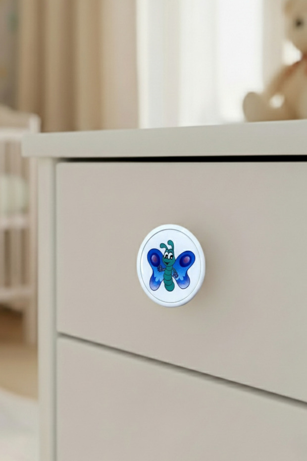 Blue Butterfly Children's Room Furniture Handle - 55 mm - Abs Plastic Single Button Cabinet and Drawer Handle