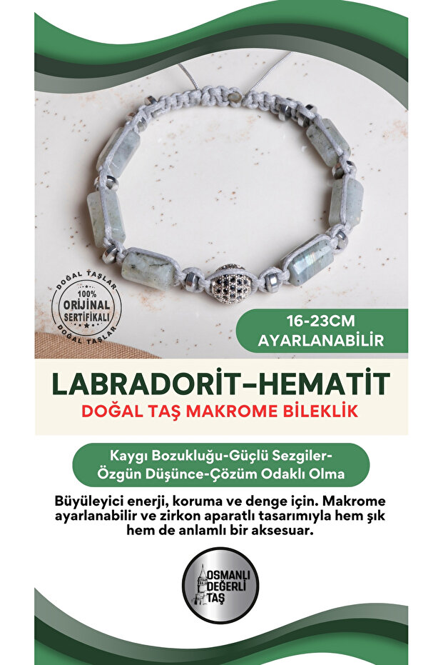 Certified Labradorite-Hematite Natural Stone Macrame Adjustable Bracelet with Zircon Apparatus