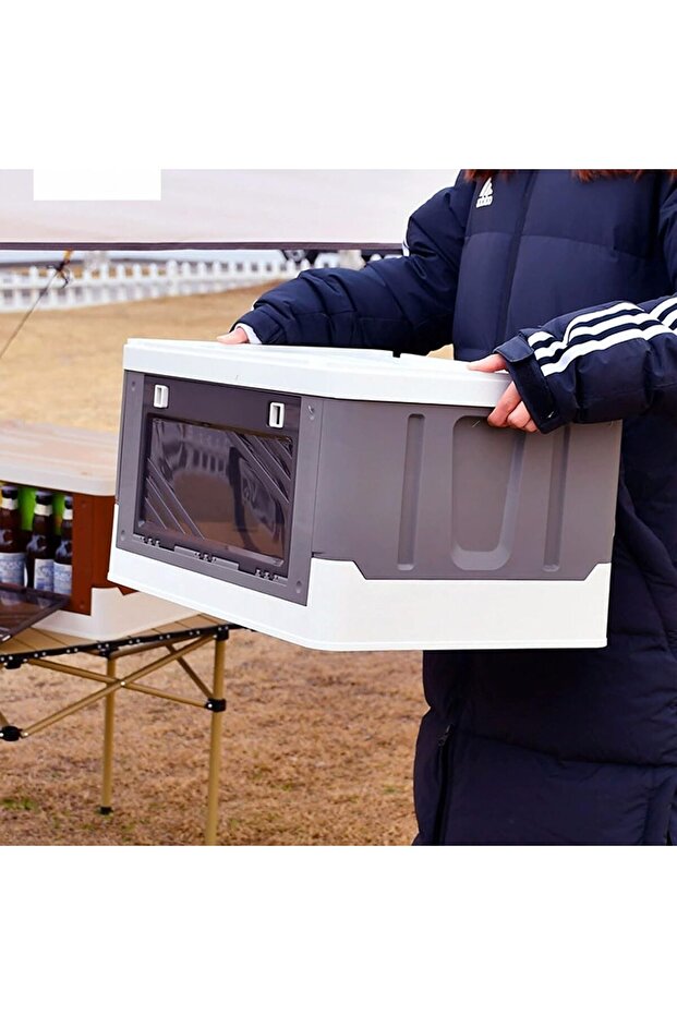 AUTO FAMILY Outdoor Camping Storage Box 50L, Foldable Plastic Storage Box with Lids-Beige
