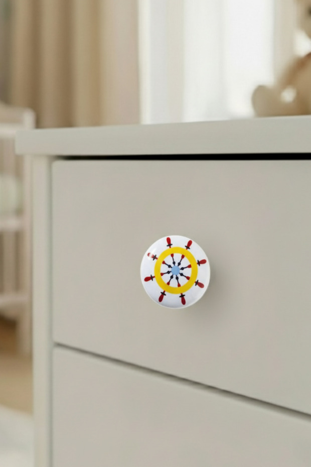 Porcelain Ship's Wheel Children's Room Furniture Handle - Single Button - Cabinet and Drawer Handle
