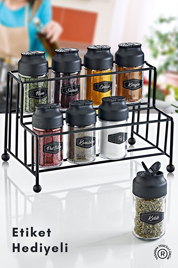 Metal Stand 8-Piece Double-Lid Glass Spice Jar Set - Salt Shaker, Pepper Shaker, Spice Set