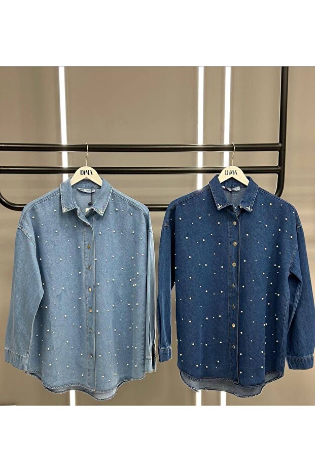Women's Beaded Navy Blue Dark Denim Shirt