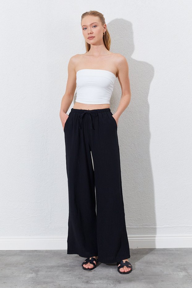 Elastic Waist Palazzo Modal Trousers - Black | Ek100661832