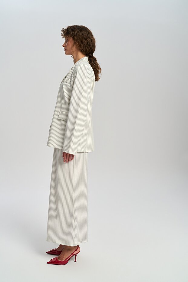Bruno Çizgili Ekru Blazer - 4
