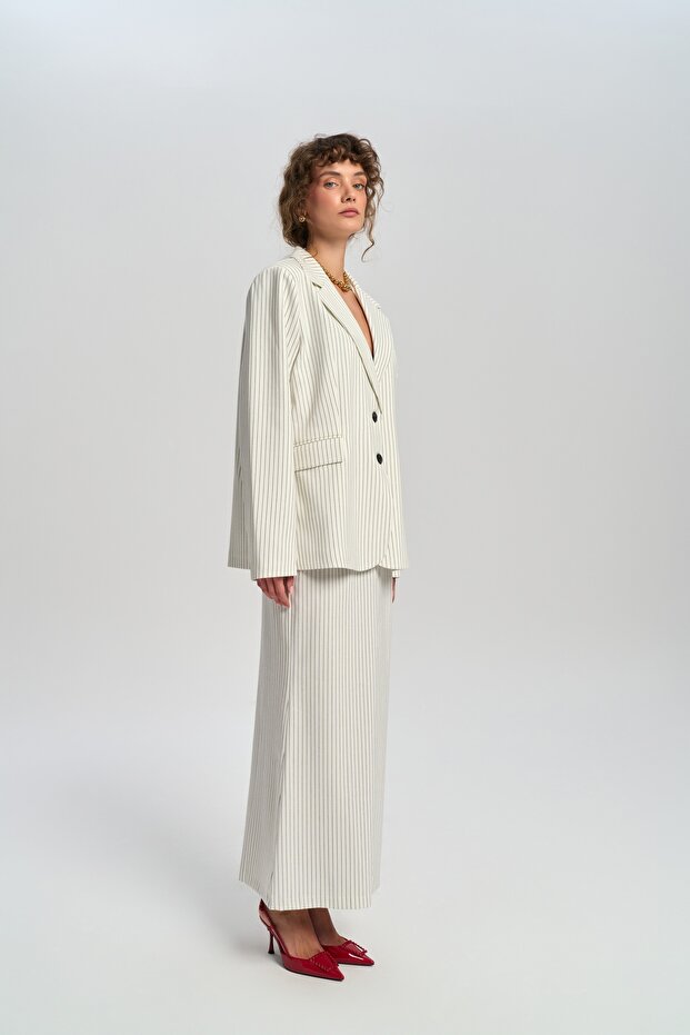 Bruno Çizgili Ekru Blazer - 5