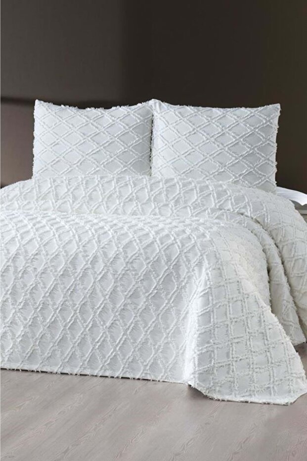 Prestij Puffy Yakut 3 Parça Çift Kişilik Yatak Örtüsü, Pike Örtüsü (250x260)-Krem - 1