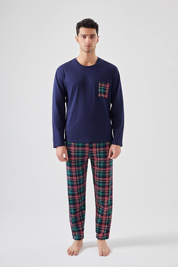 Men's Cotton Chest Pocket Plaid Patterned Long Sleeve Pajama Set with Pocket Detail