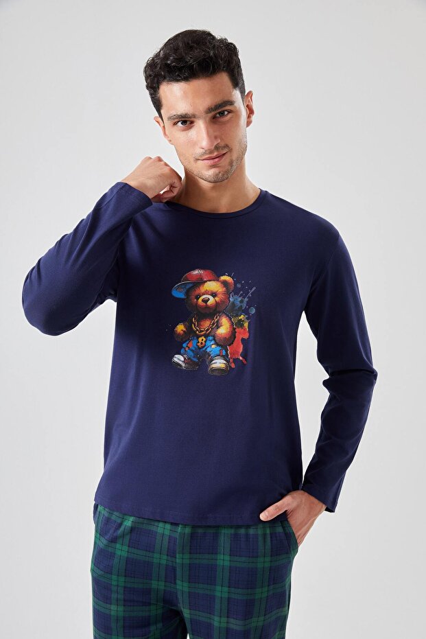Men's Cotton Teddy Bear Printed Plaid Pajama Set with Pockets